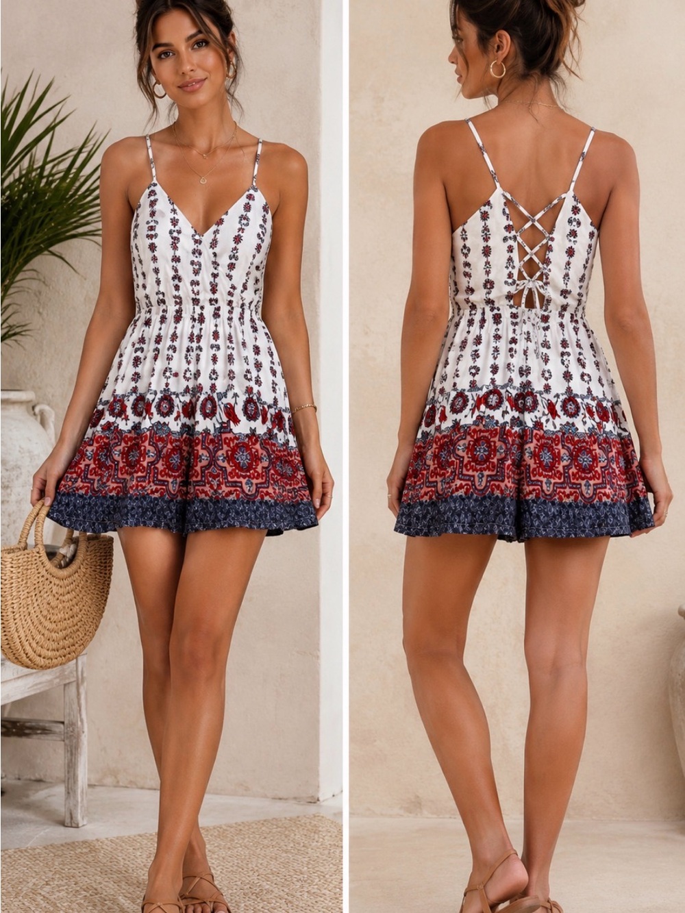 Miss Avenue White Mini jumper with Red & Navy Border Print
